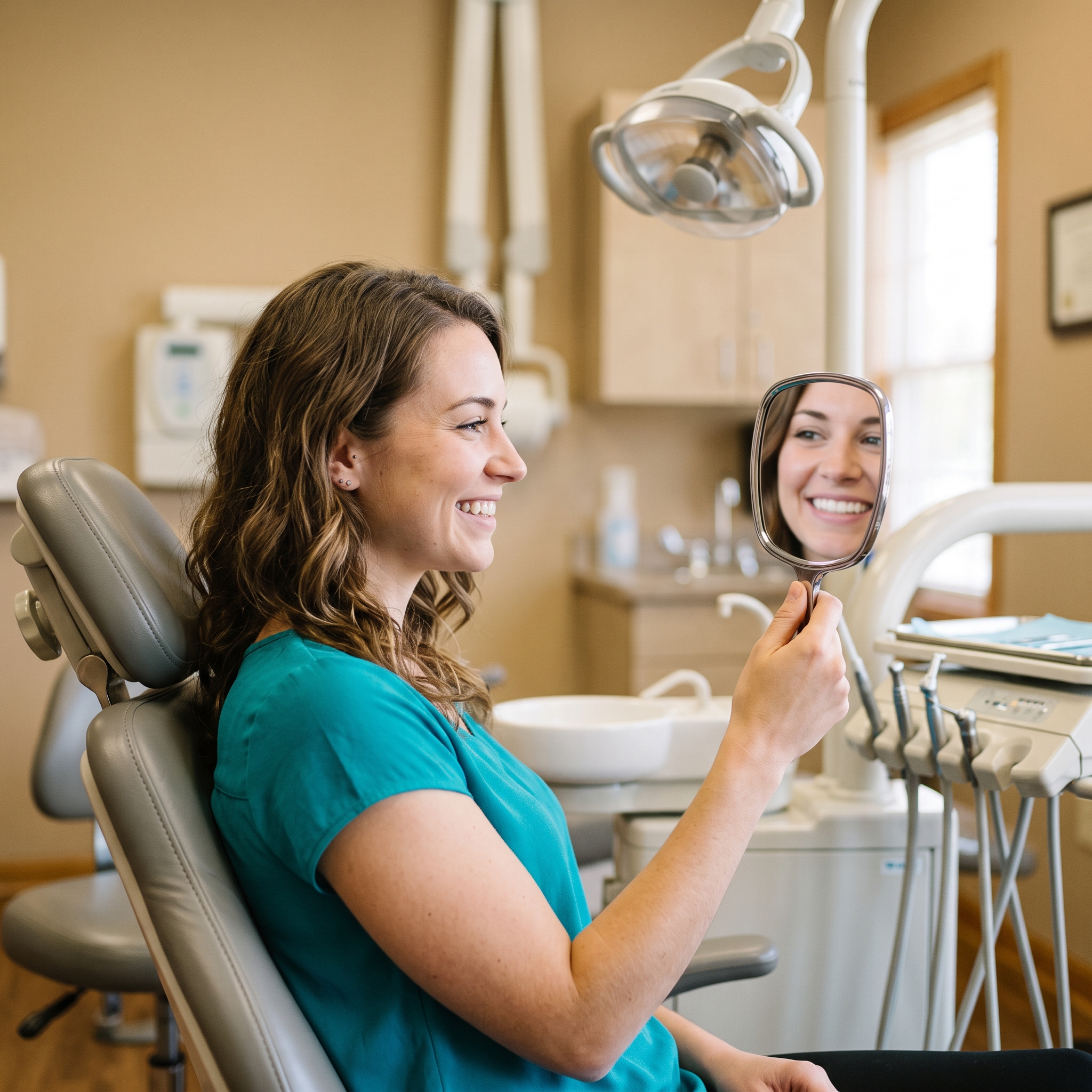 Woman smiling in dental mirror