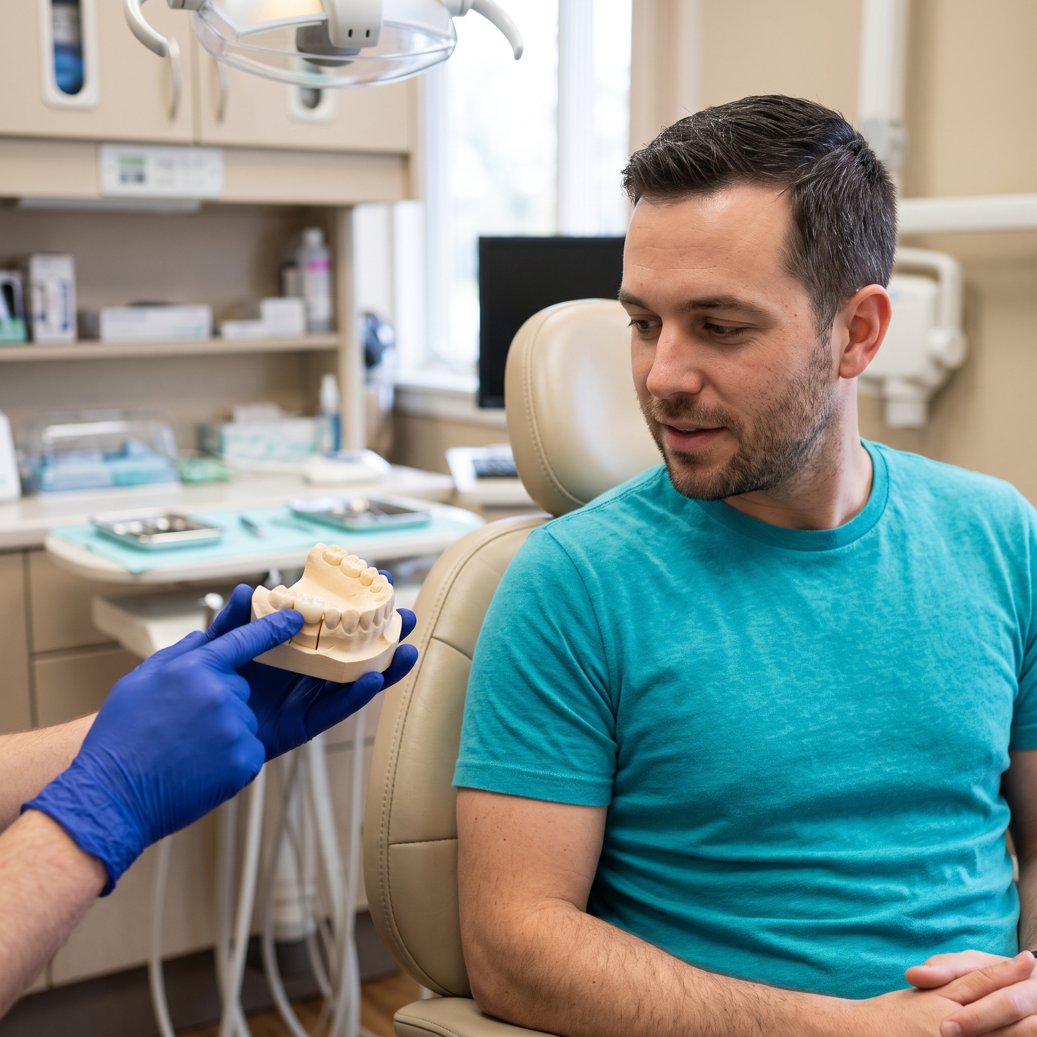 man being shown dental crown model