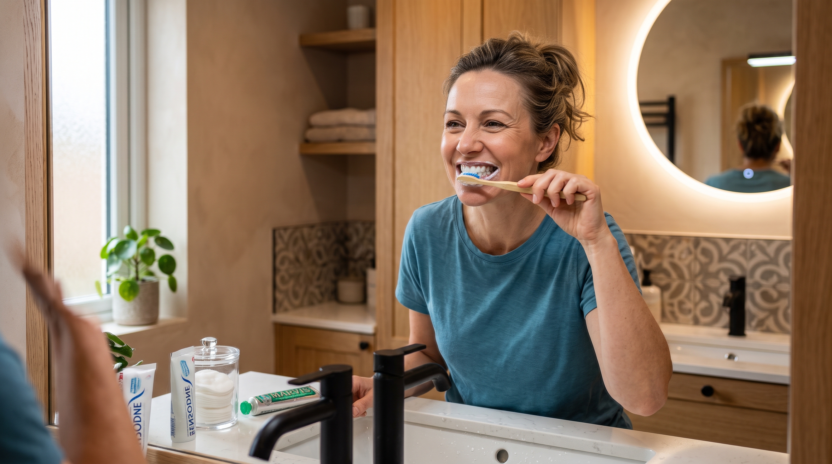 Woman brushing teeth in mirror