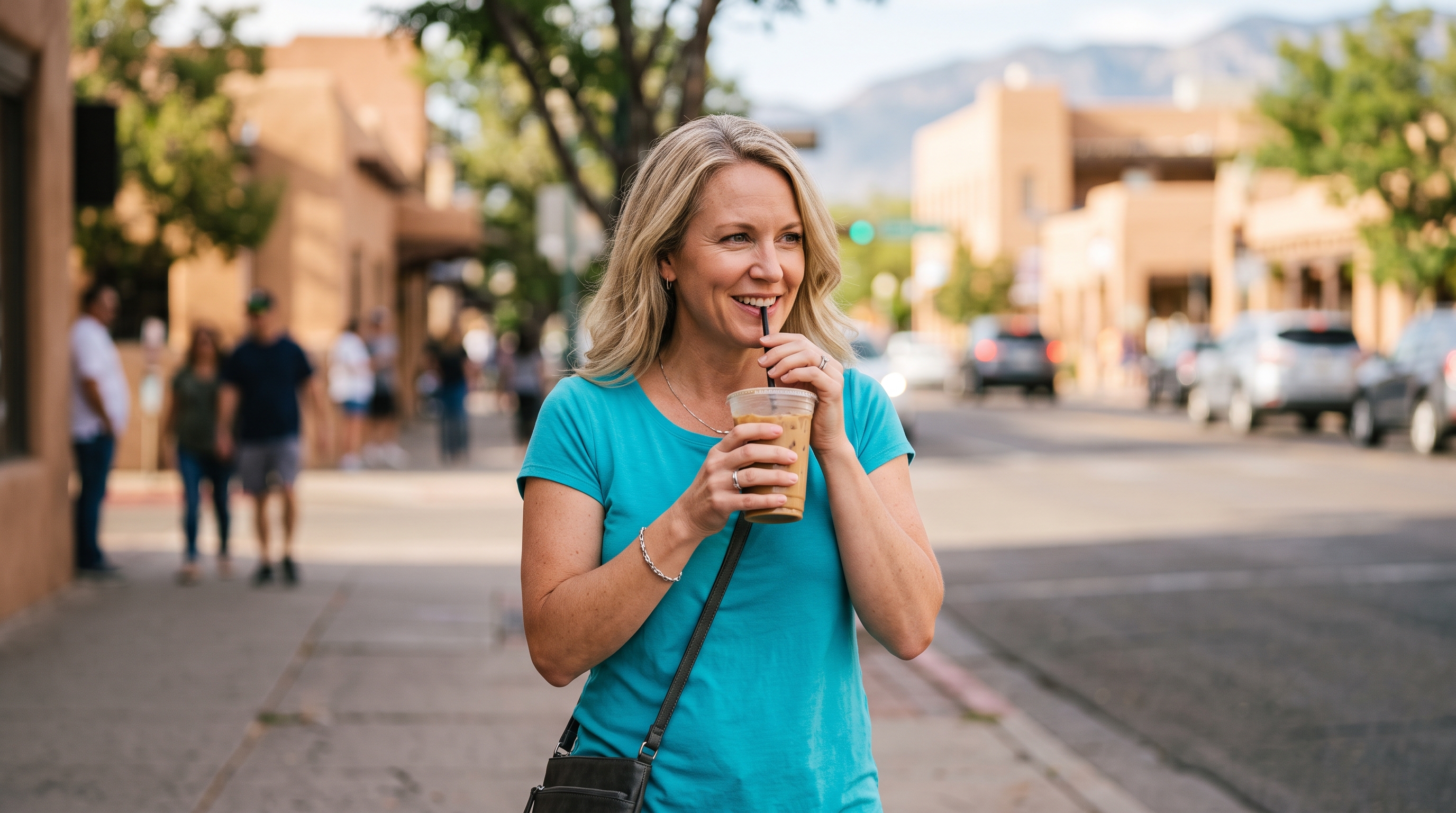 Woman drinking coffee in downtown Albuquerque