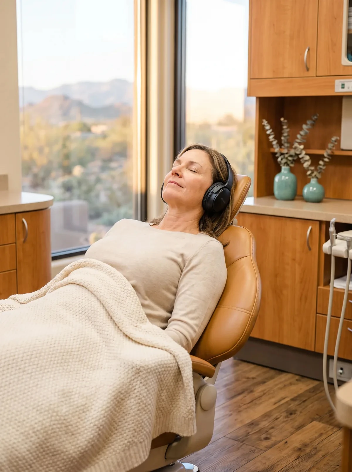 woman in dental chair listening to headphones