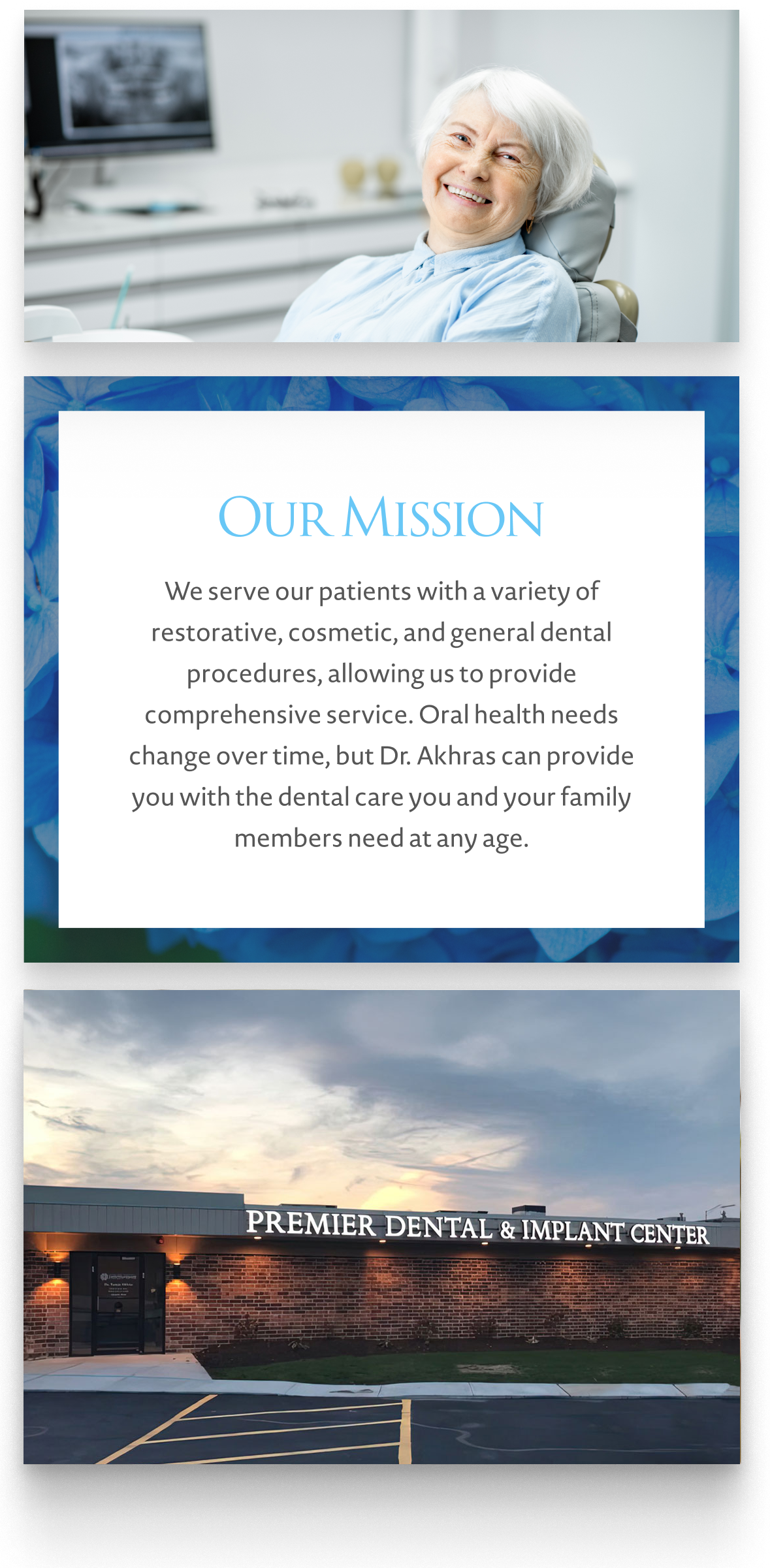 Premier Dental & Implant Center exterior and lobby, mission statement, and people smiling after dental treatment