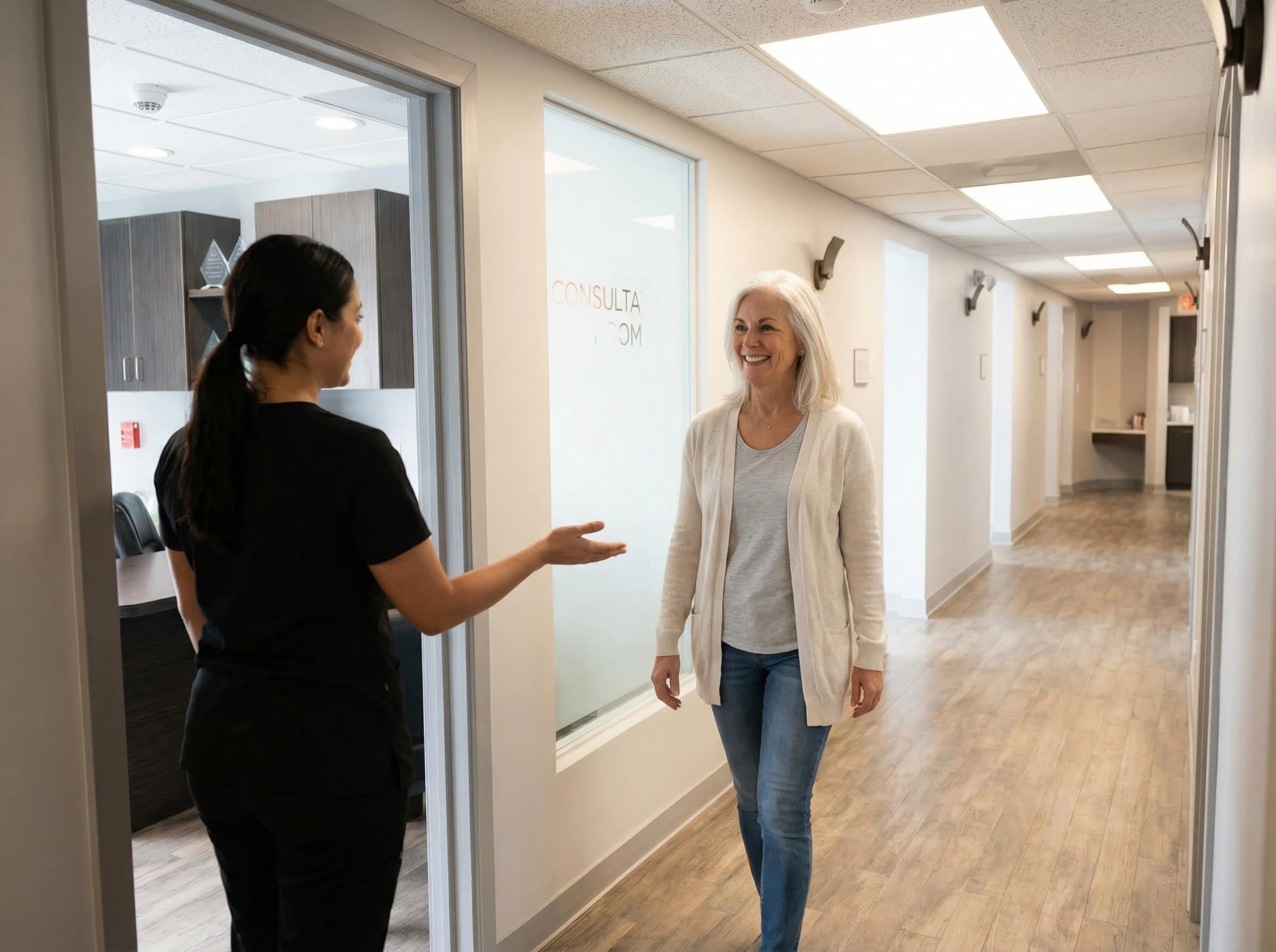 Staff member in black scrubs gesturing to welcome a smiling woman into a consultation room