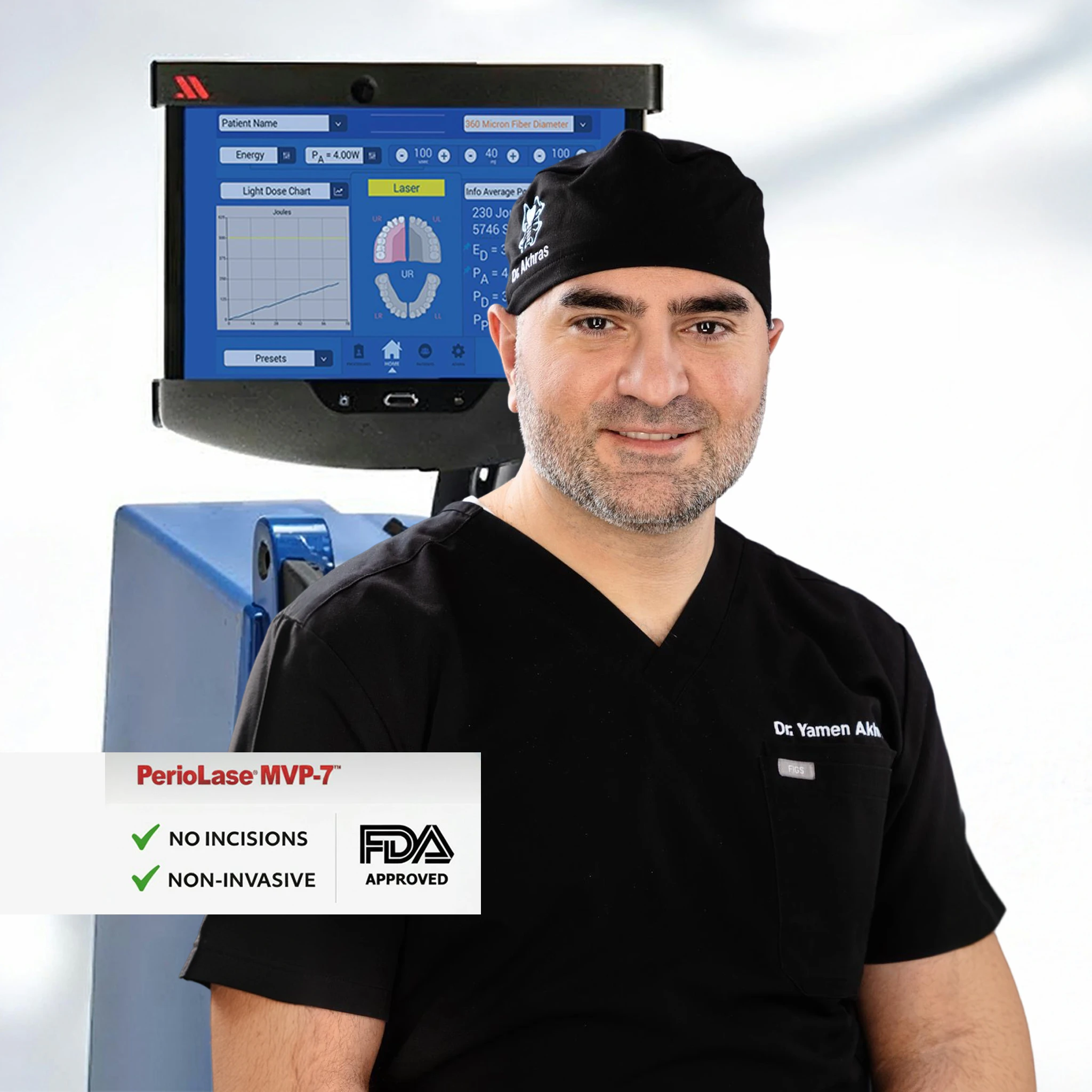Dr. Yamen Akhras standing next to the PerioLase MVP-7 laser