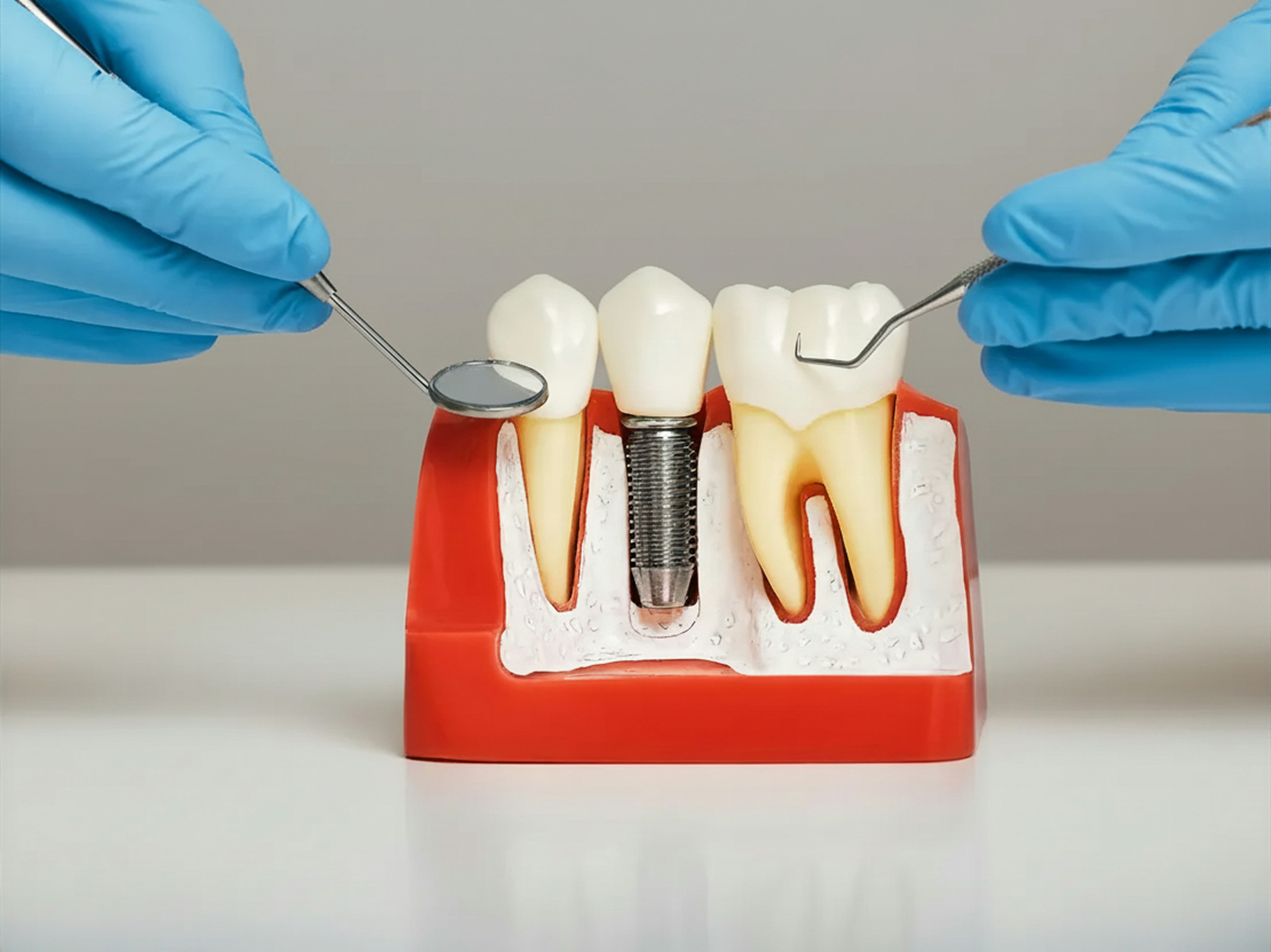 Dental model showing a dental implant between two natural teeth, held with gloved hands using dental instruments