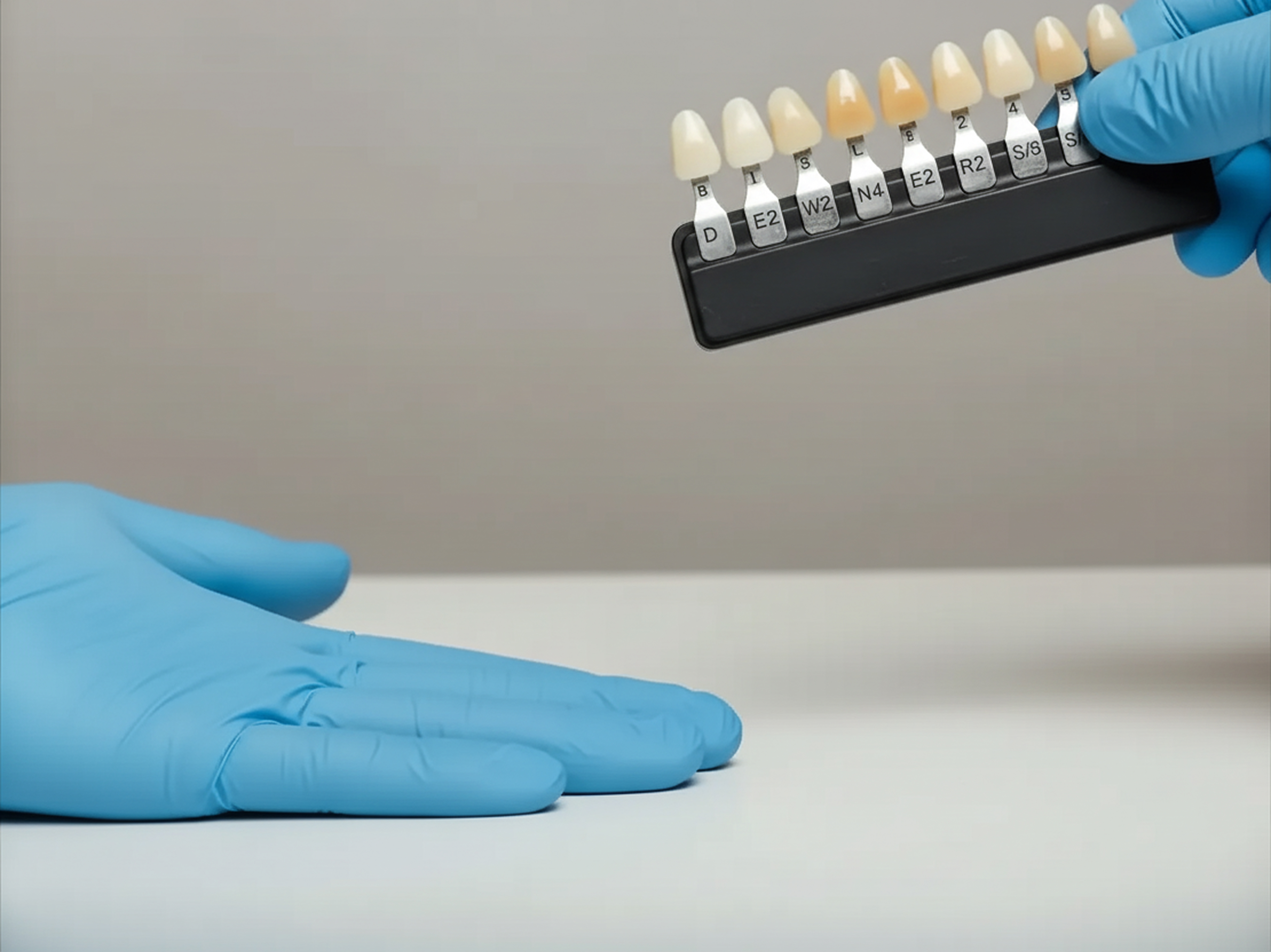 Gloved hand holding a tooth shade guide with various shades of dental veneers for color matching