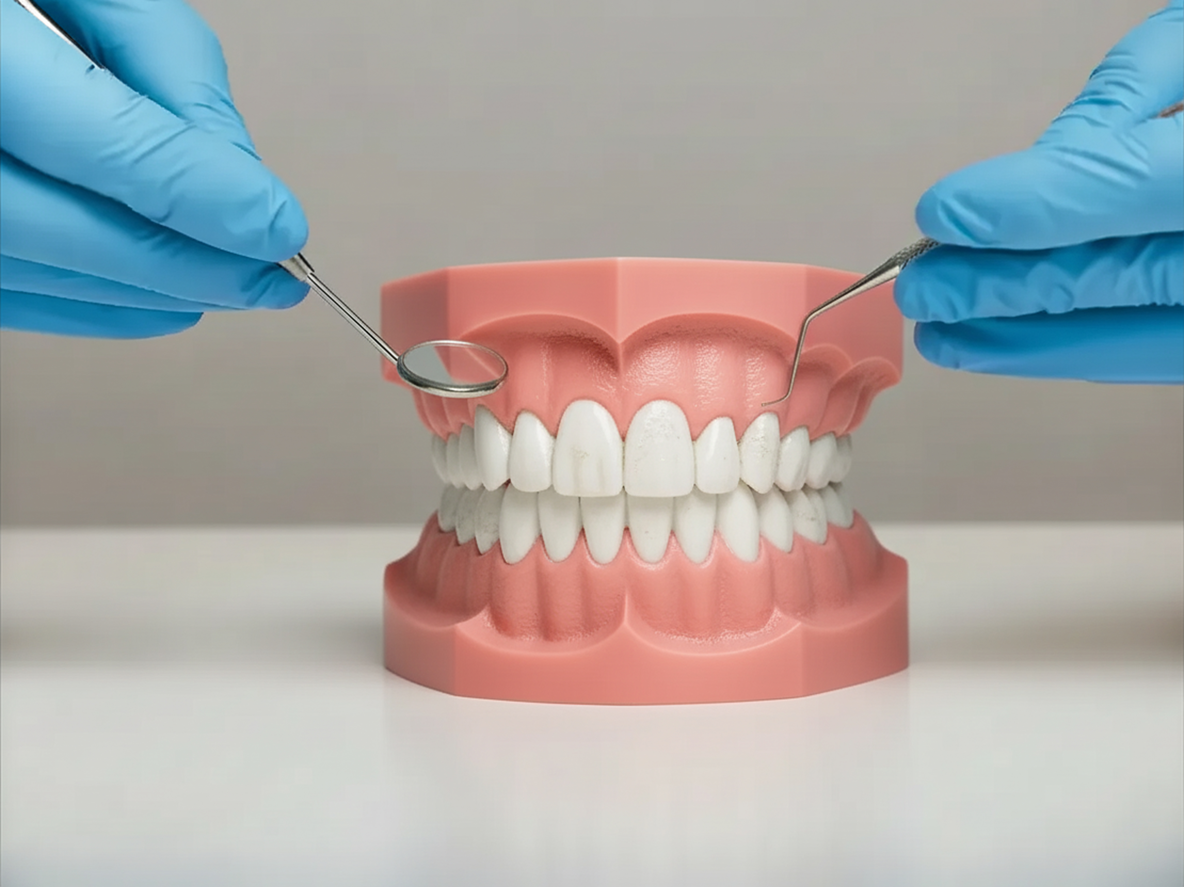 Plastic model of upper and lower teeth being examined with dental tools held by gloved hands