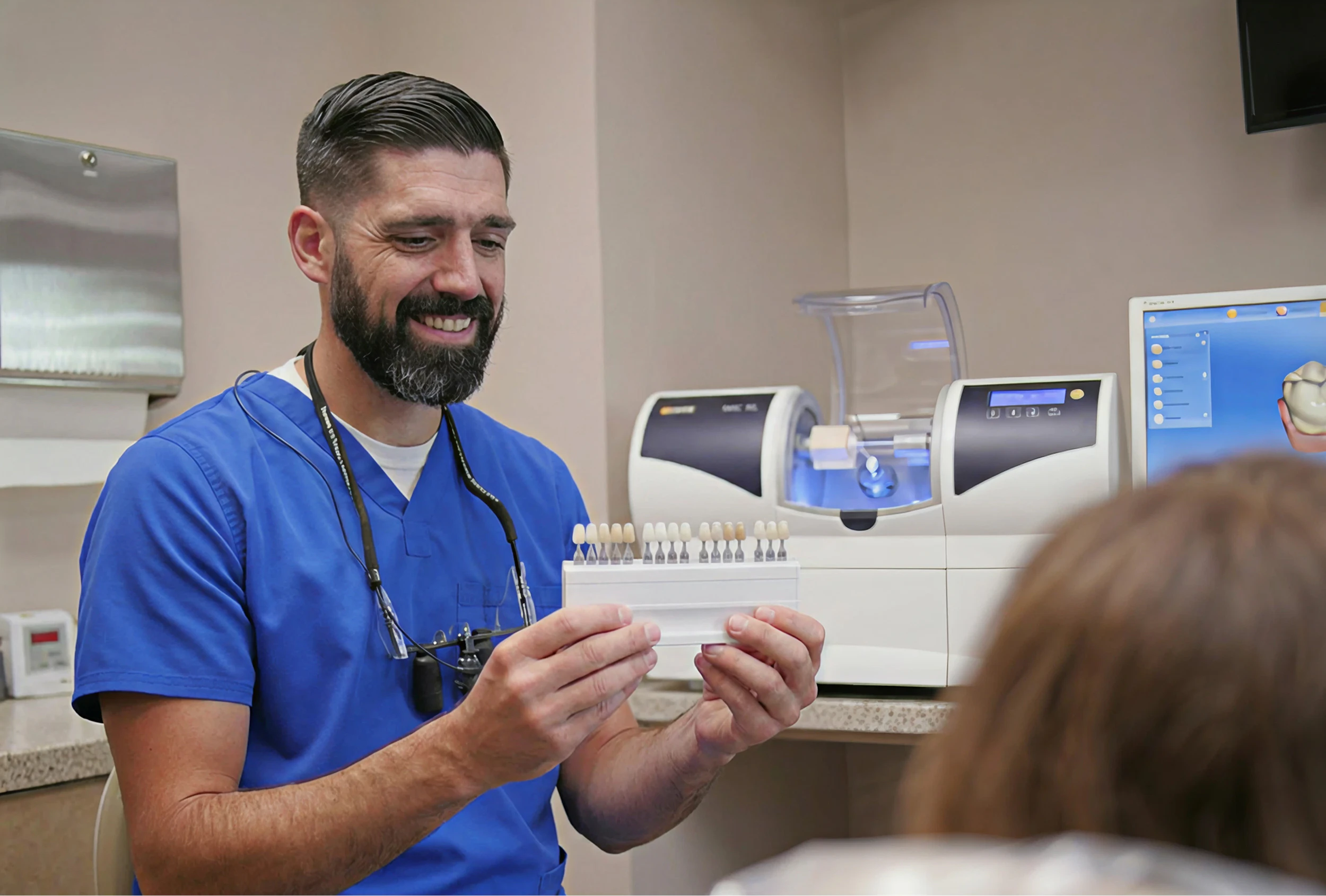Dr. Sutton holing up model of teeth shades