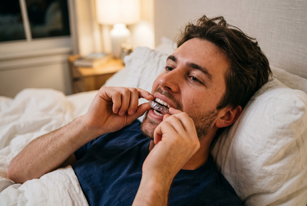man putting in clear aligners before going to sleep