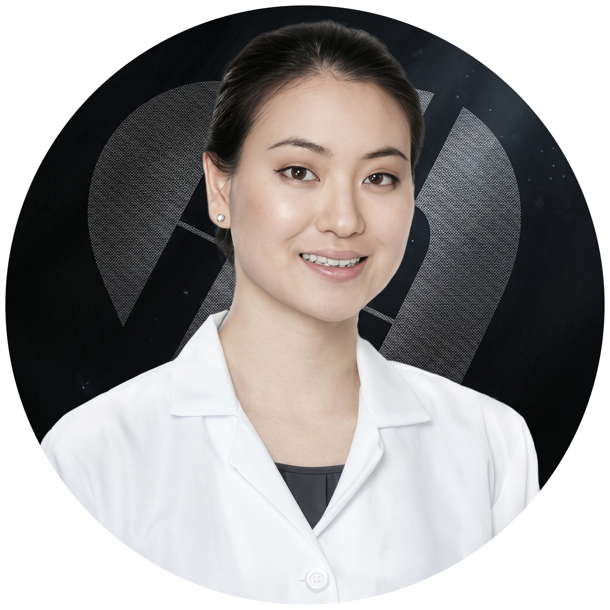 Dr. Sooyeon Ahn smiling with logo background