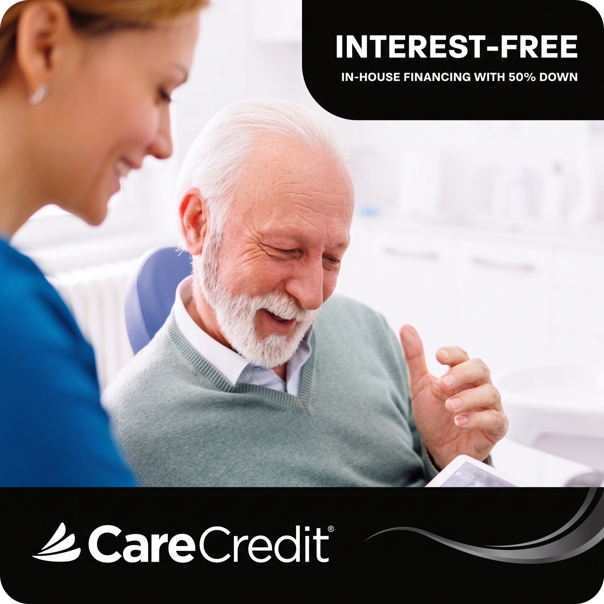 Senior man smiling during dental consultation with CareCredit logo and financing offer displayed