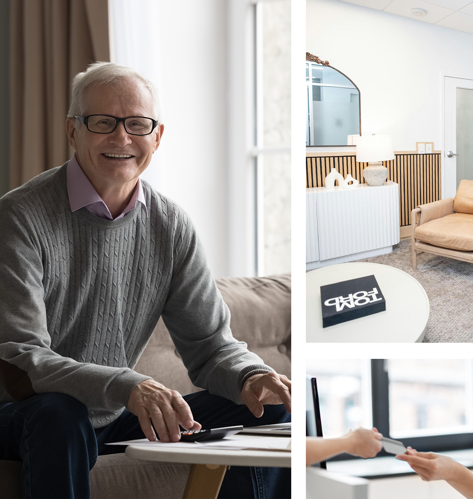 Smiling man doing a virtual consult, office lobby, and dental payment