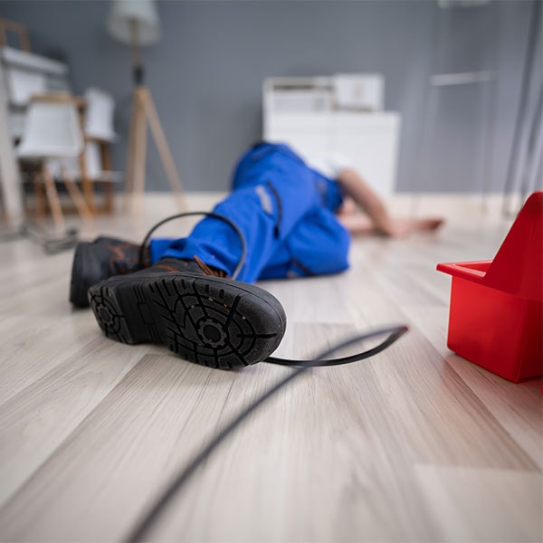 person on the ground after being tripped by a cord