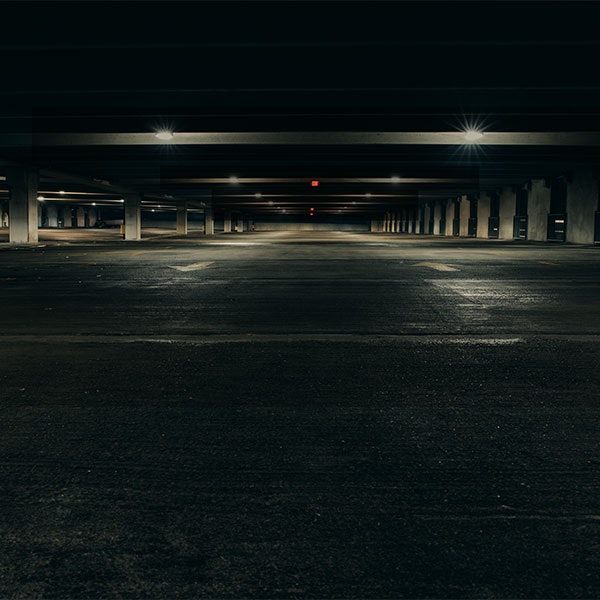 Dimly lit parking garage
