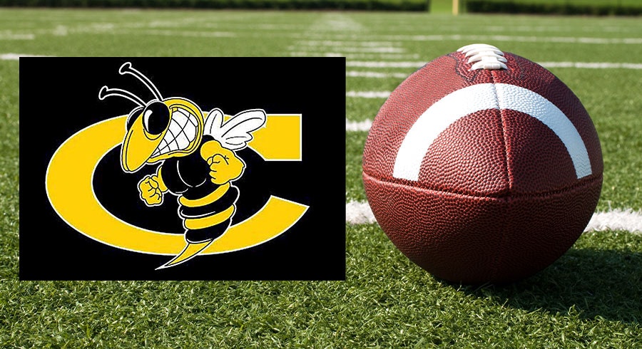 Cook High School hornets logo over a football field