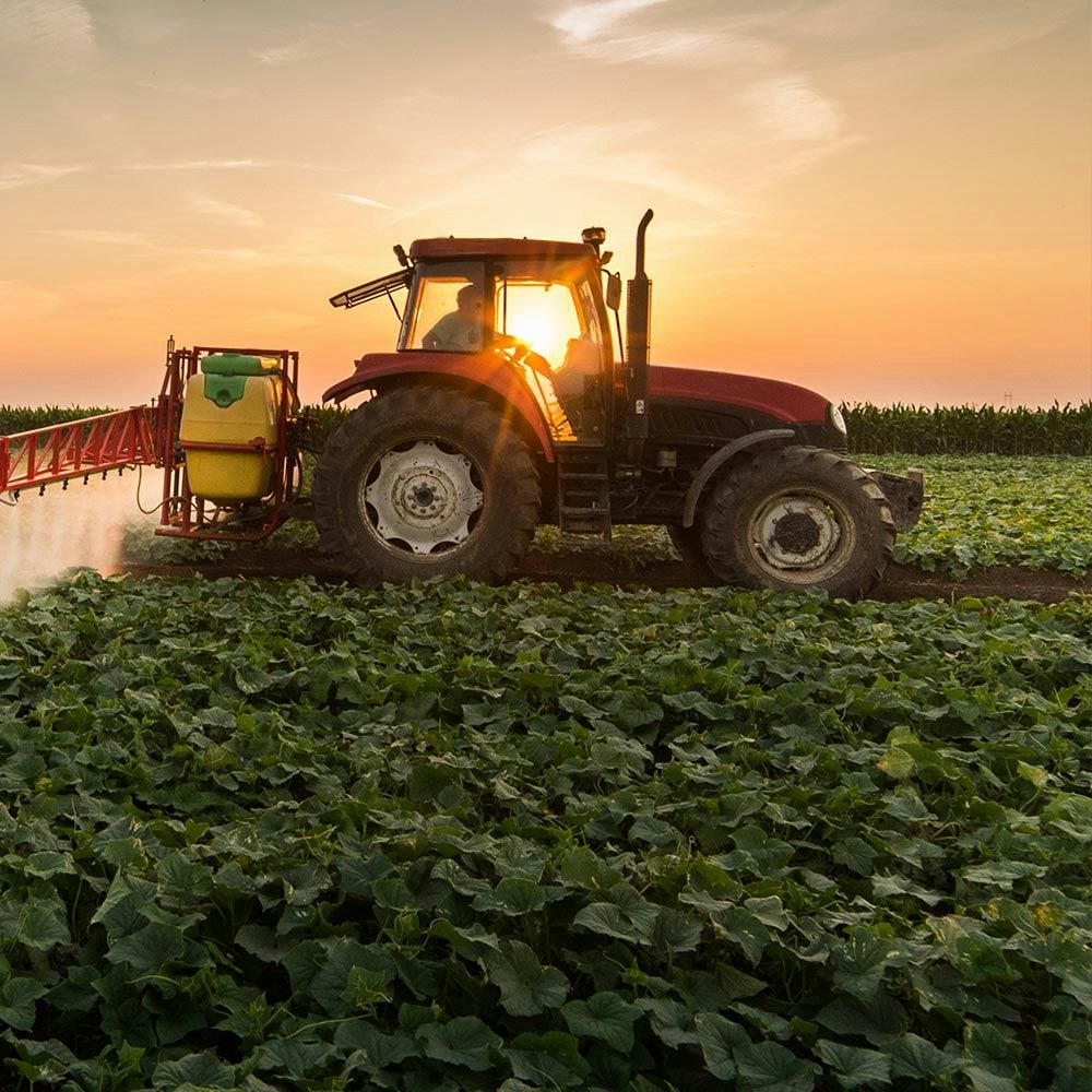 Sunrise view of farmer and tractor in a field