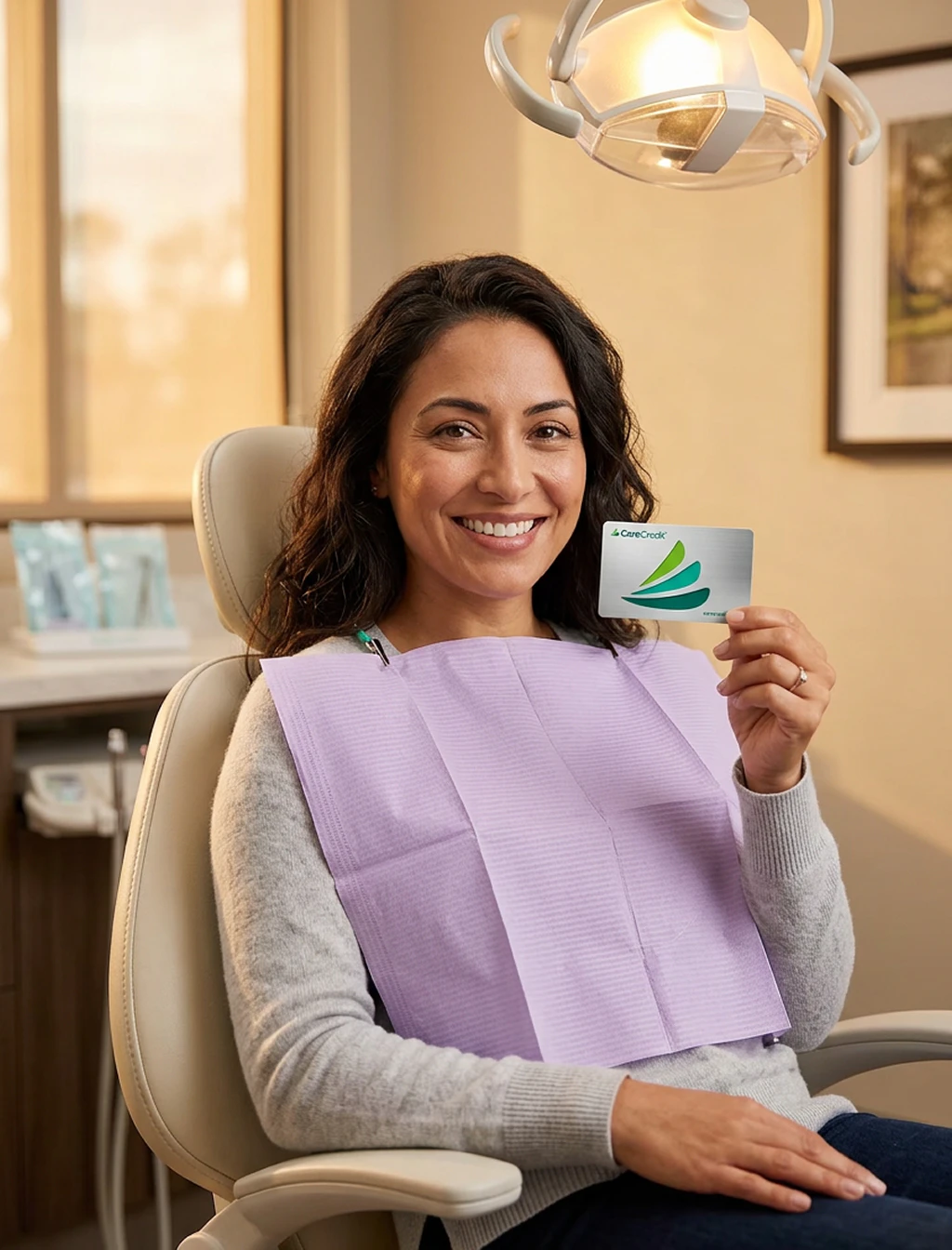 woman in dental chair holding carecredit card