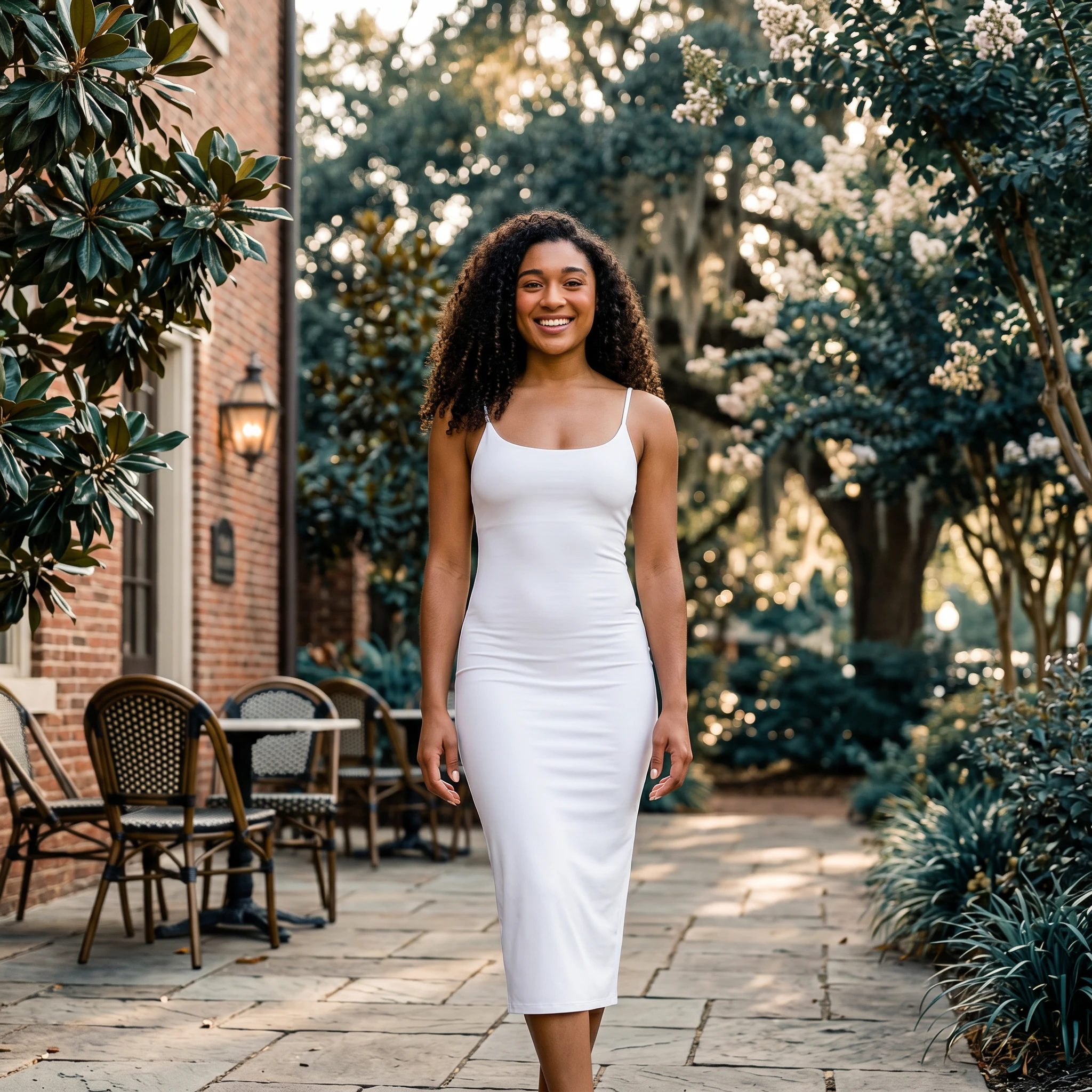 Fit woman in white dress walking outside