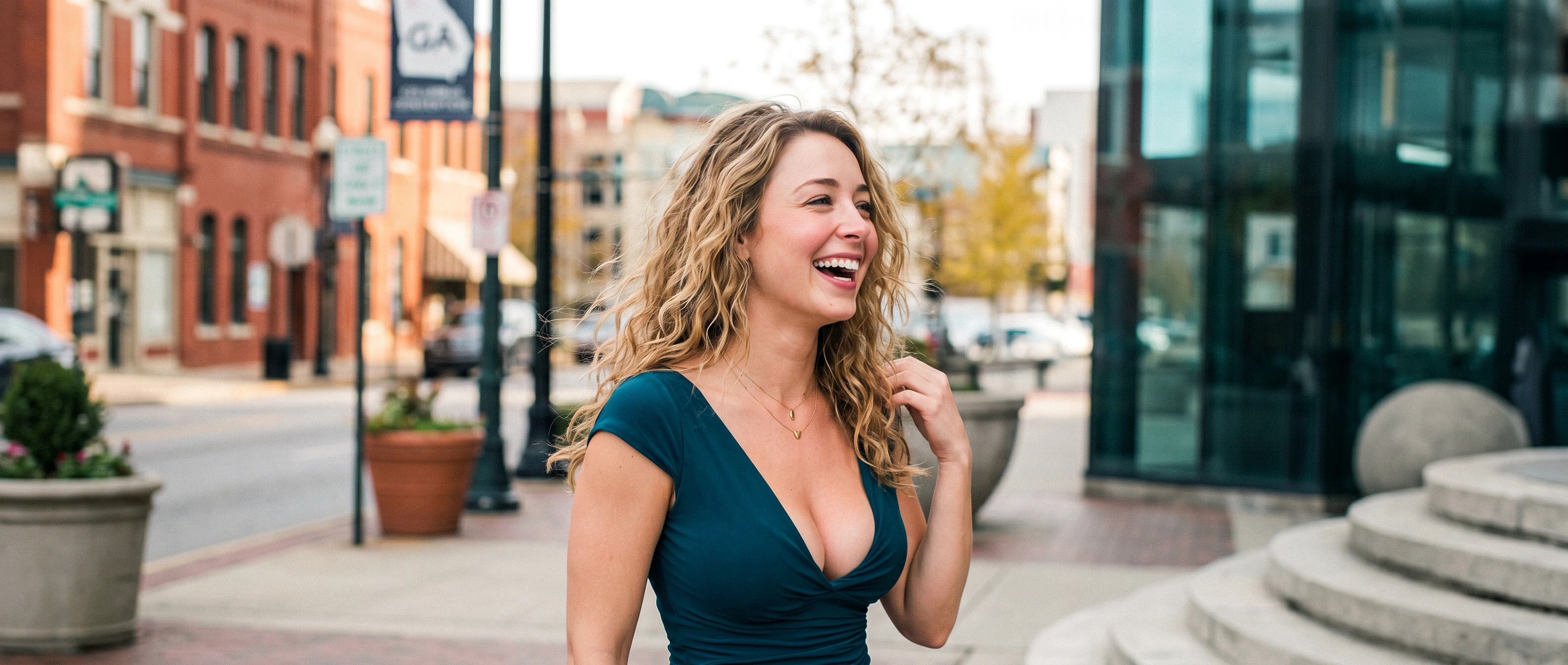 Woman smiling with lowcut shirt