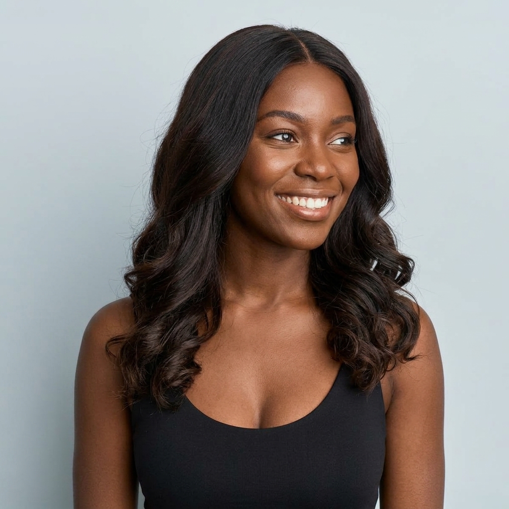 woman in a black bra smiling