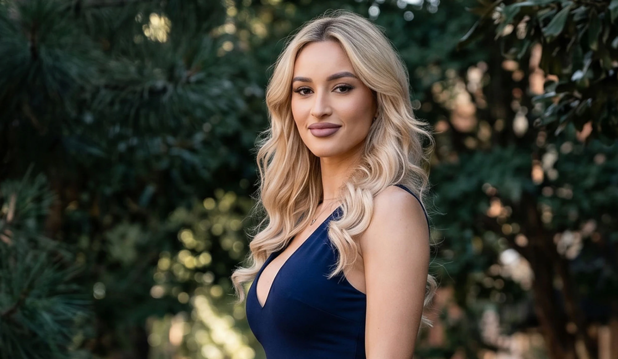 Blonde woman in lowcut dress outside