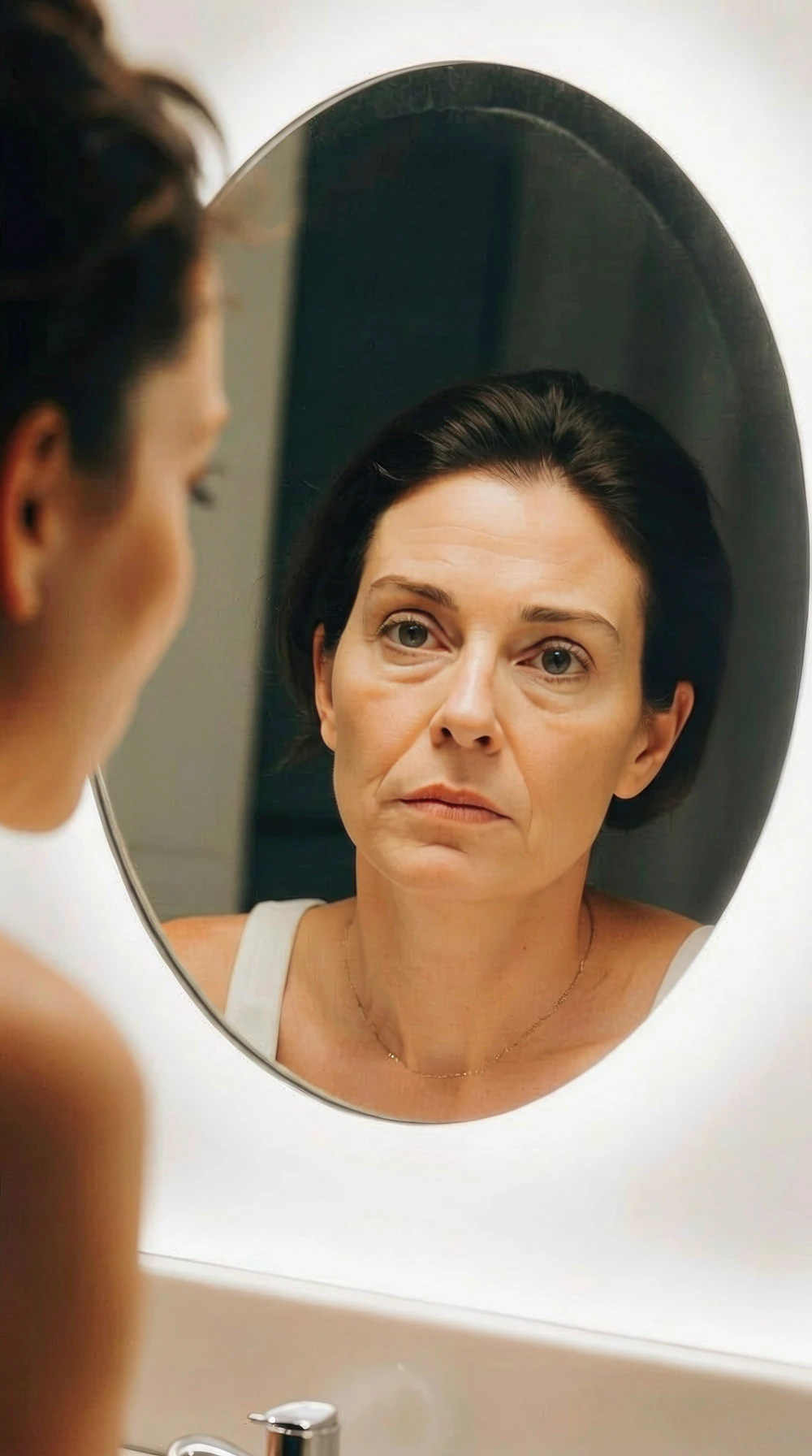 woman looking at her reflection in the mirror