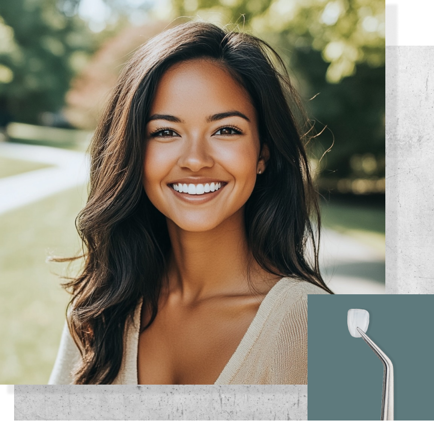 Young woman smiling with a small picture of a veneer in the corner