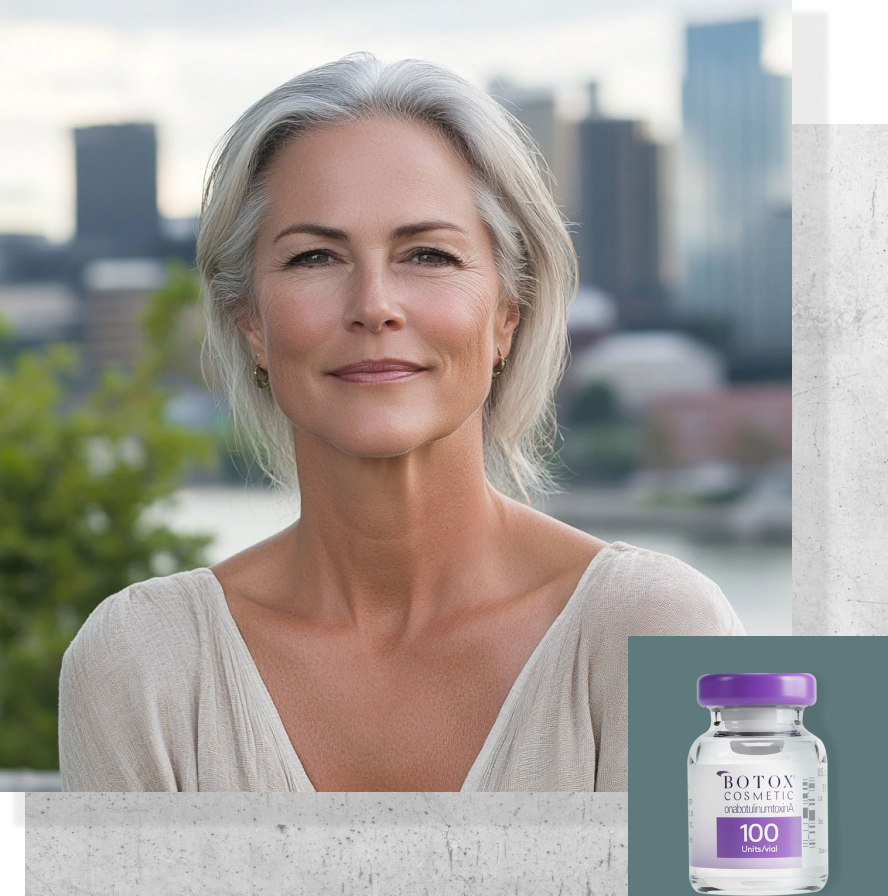 Mature woman with the Nashville skyline in the background and a small image of a botox bottle in the corner