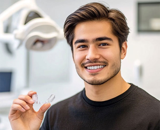 Young man holding Invisalign aligner at the dentist