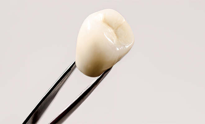Tweezers holding a dental crown