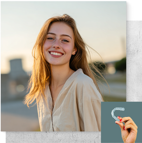 Young girl smiling with a hand holding an Invisalign aligner in bottom corner