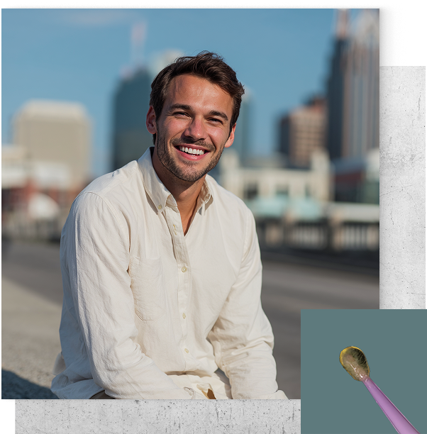 yound man smiling and a small dental wand with bonding agent in the corner