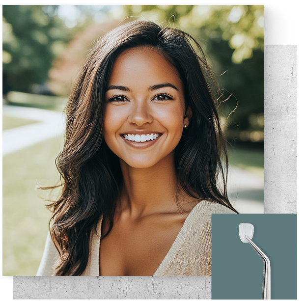 Woman smiling and a pair of tweezers holding a veneer in the bottom corner