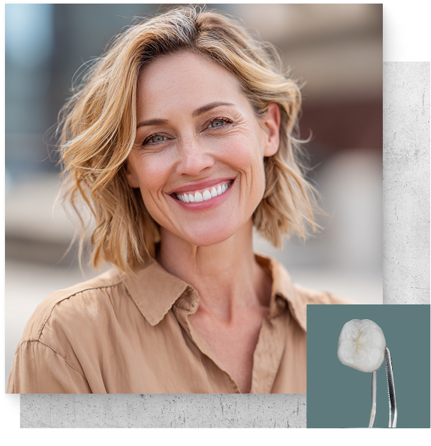 middle-aged woman smiling with tweazers holding a dental crown in bottom corner