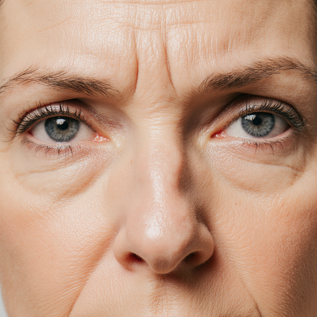Close-up of woman's eyes to show her frown lines