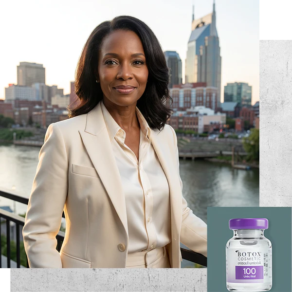 Affluent African American woman softly smiling near the river in Nashville, TN