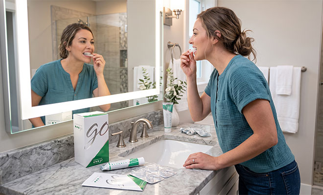 Woman using an at-home whitening kit