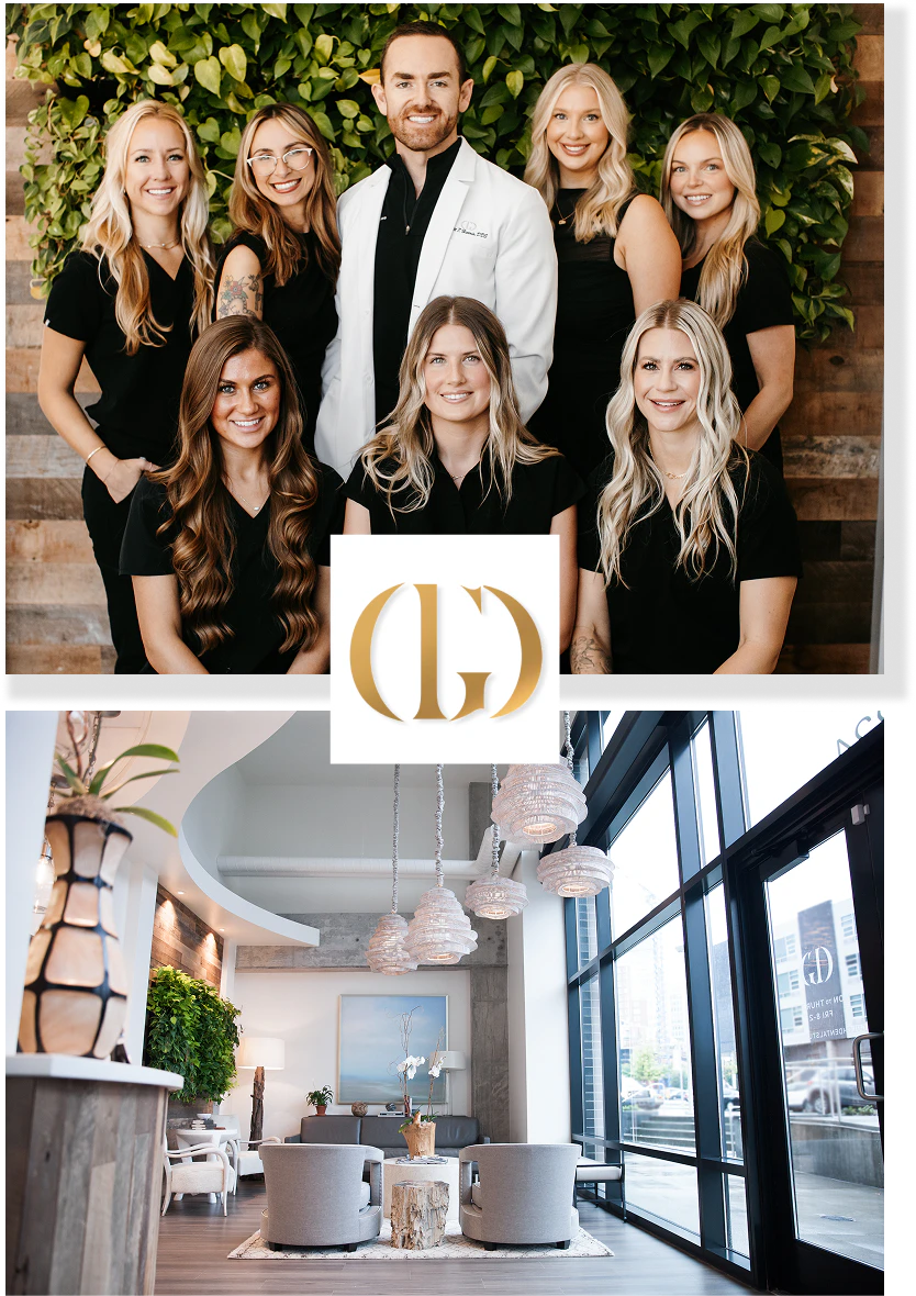 two images - top: photo of Gulch Dental Studio team; bottom: photo of Gulch Dental Studio front lobby