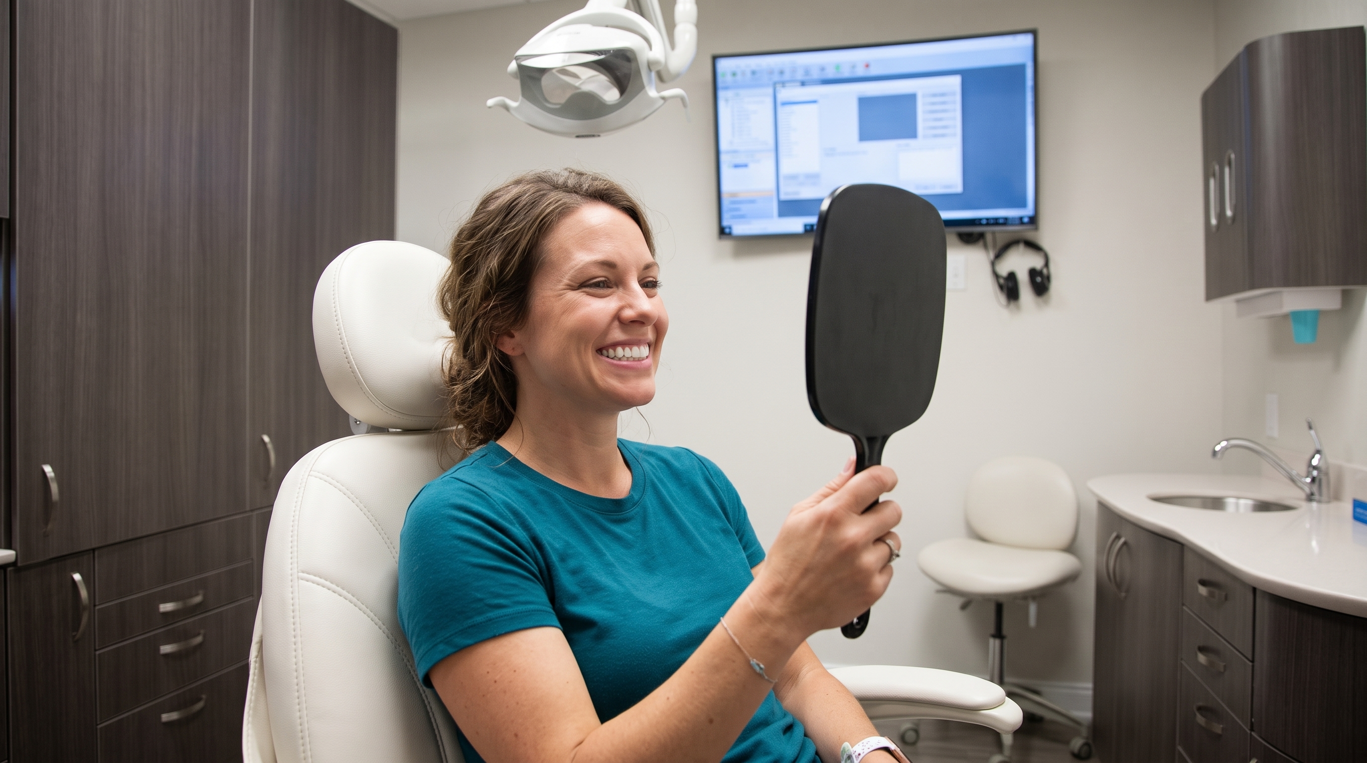 Woman smiling in mirror at dental office
