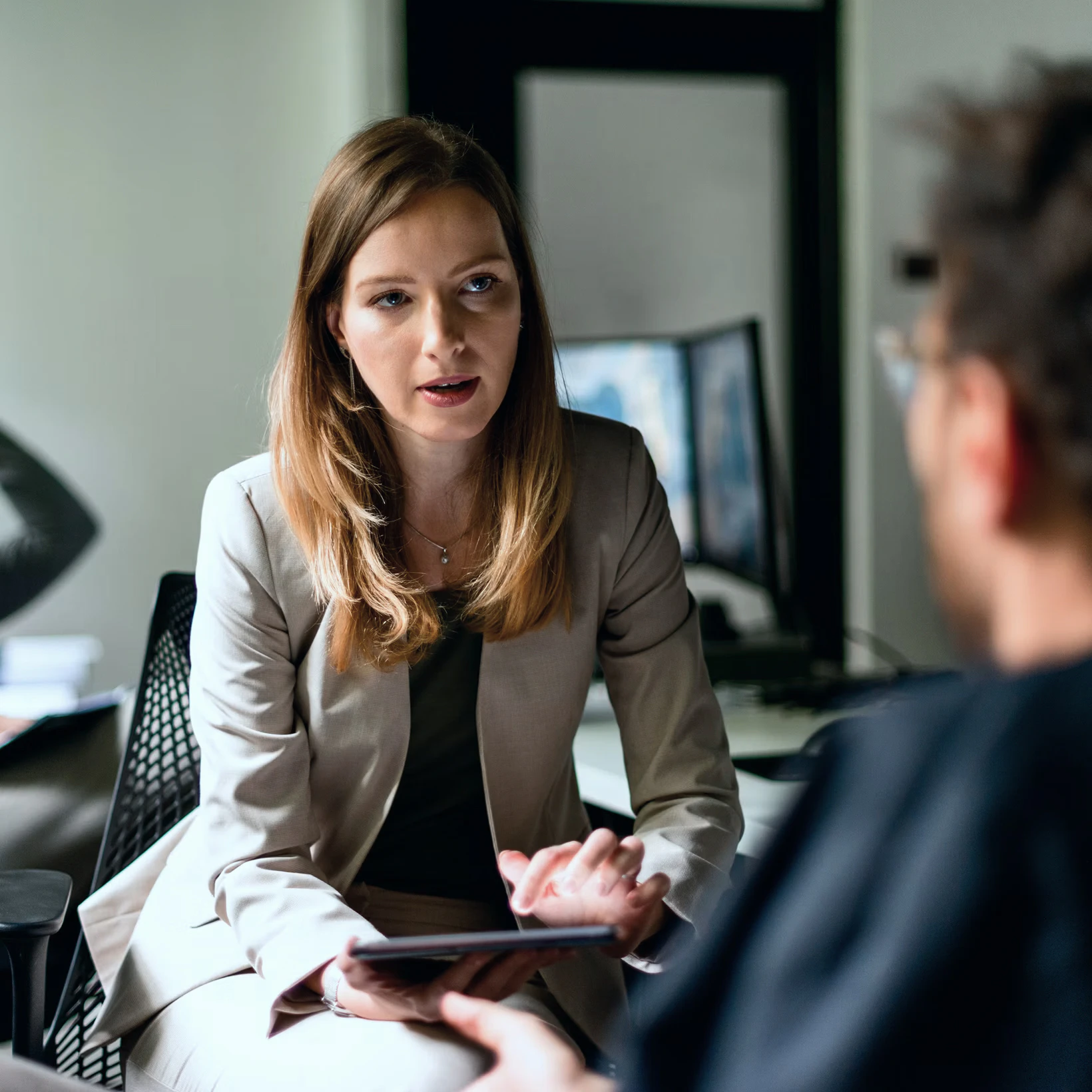 woman speaking to a man