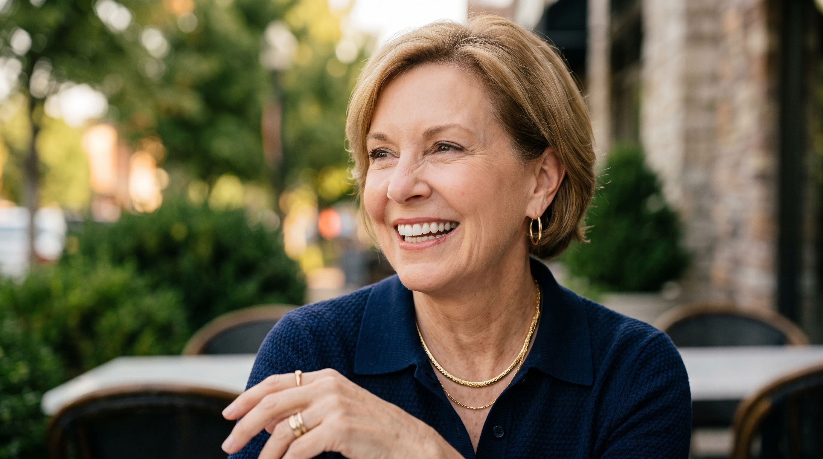 smiling woman on patio
