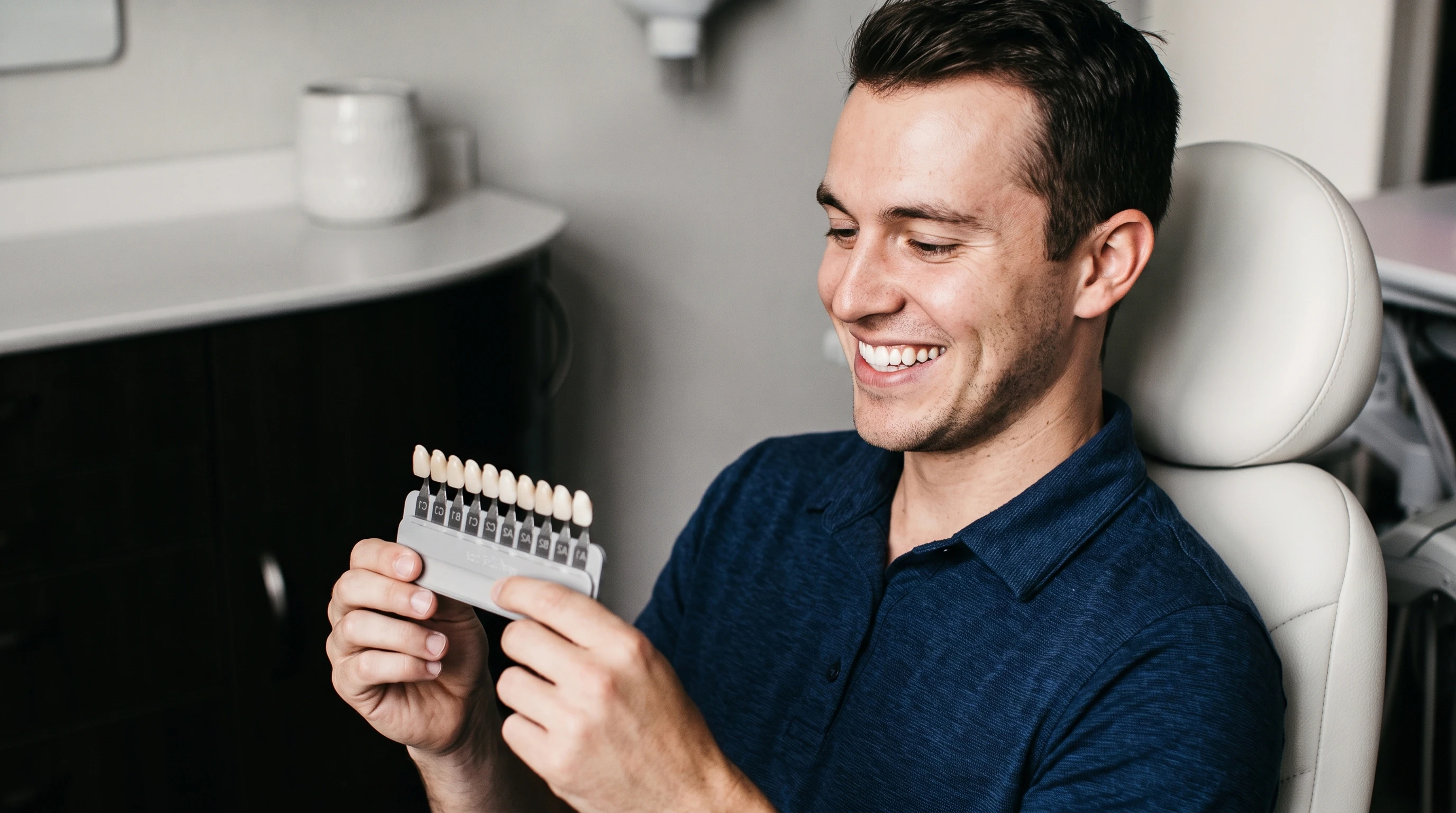 man admiring his smile in the mirror
