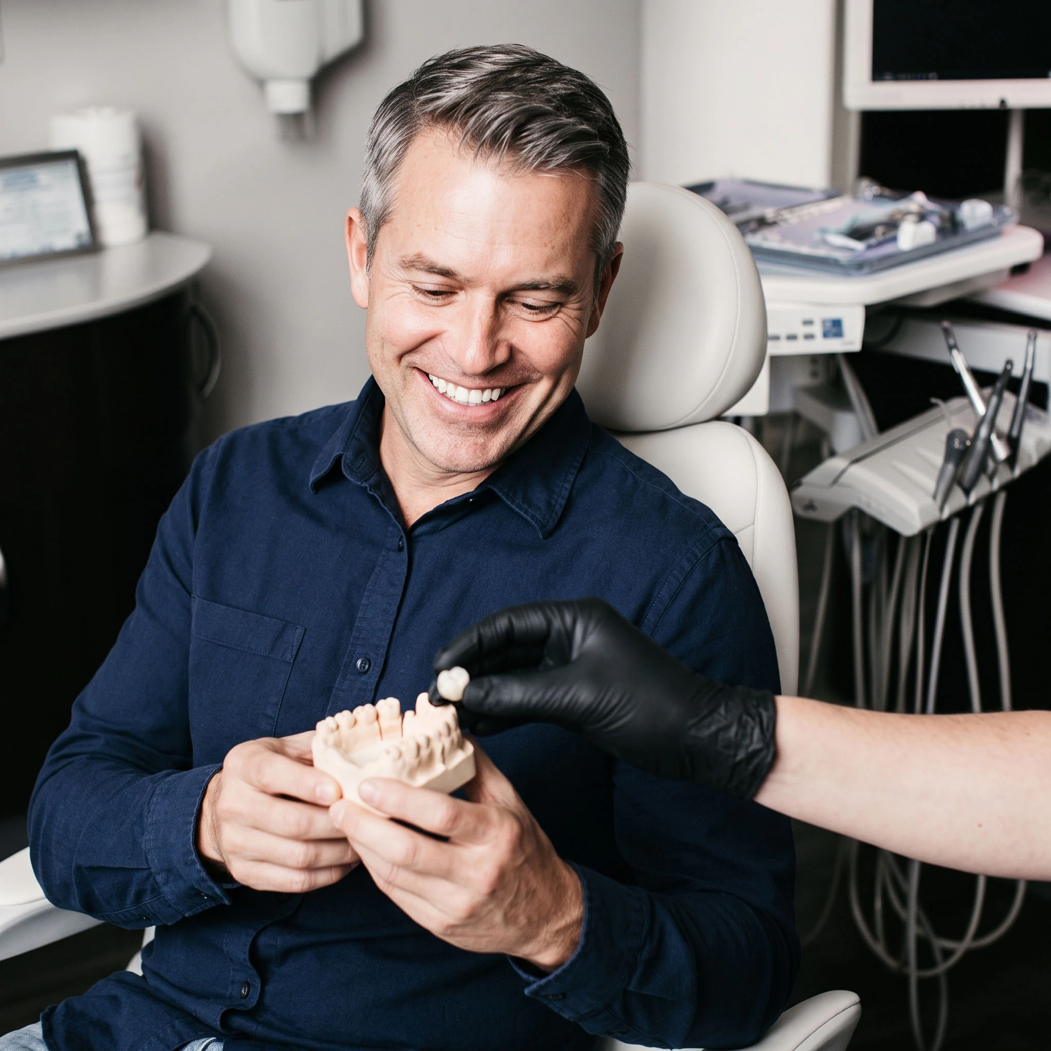 man considering dental crowns