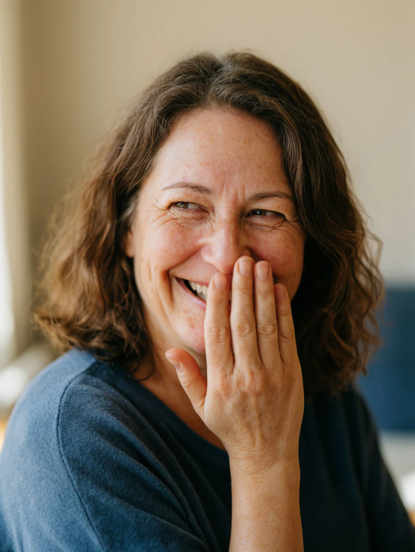woman smiling and covering her mouth
