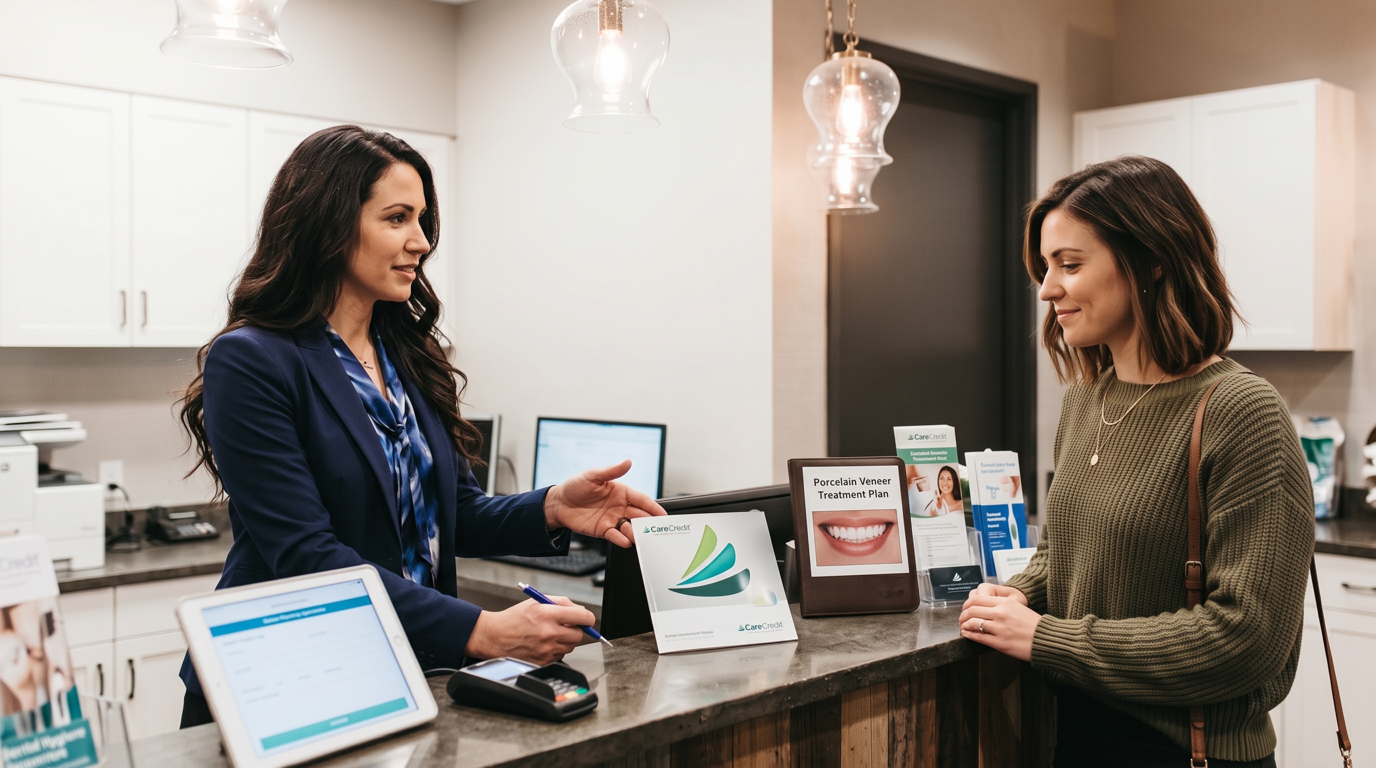 Woman explaining CareCredit to a patient