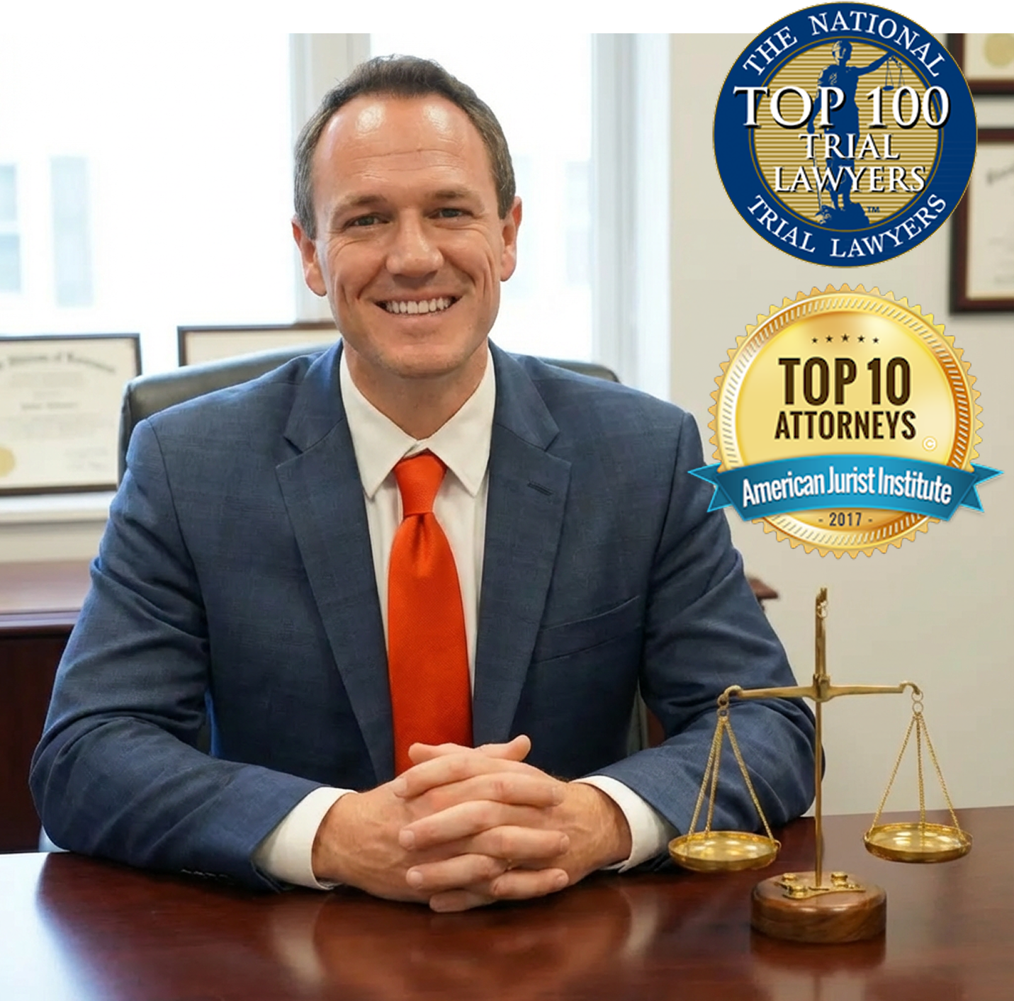 Attorney Chip Dunne seated at his desk in a suit and red tie, with legal certificates in the background and awards displayed for Top 100 Trial Lawyers and Top 10 Attorneys by the American Jurist Institute.