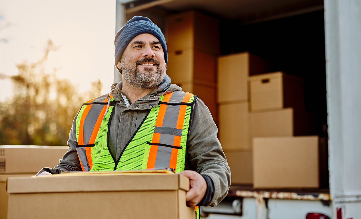 Transport driver smiling unloading boxes