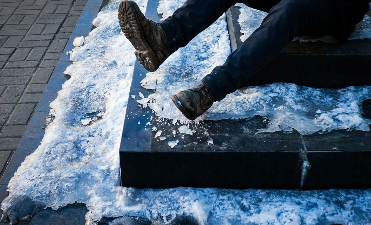Person slipping on icy steps