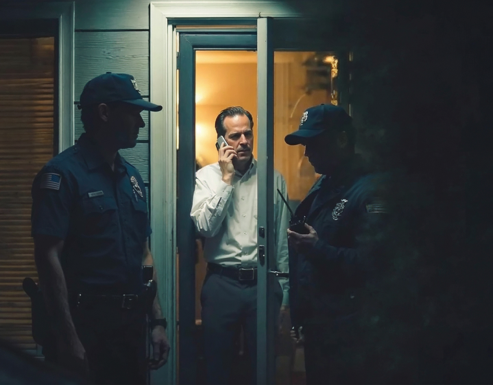 Man guarded by policemen making a phone call