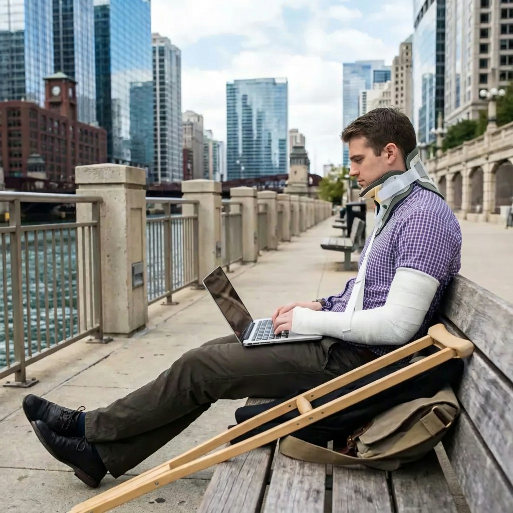 man in neck brace using a laptop